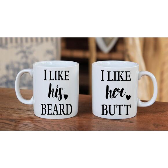 AW Fashions Couples Mug Set I Like His Beard I Like Her Butt Funny Gift 11oz New - Picture 4 of 5